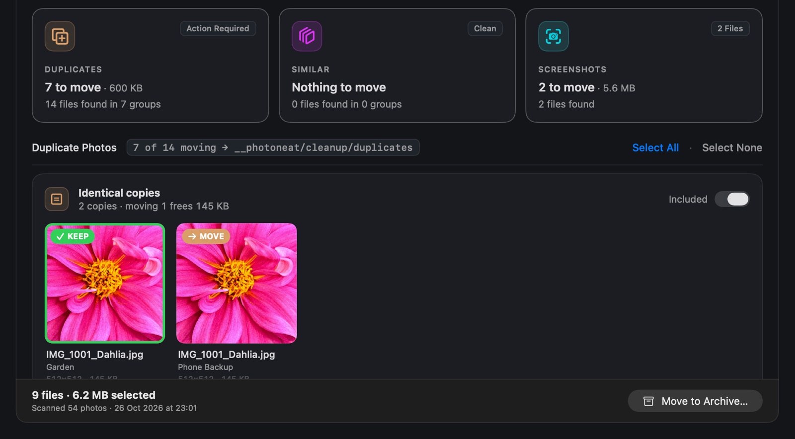 Clean Up results: duplicates, similar photos and screenshots found, with the copy to keep and the copy to move