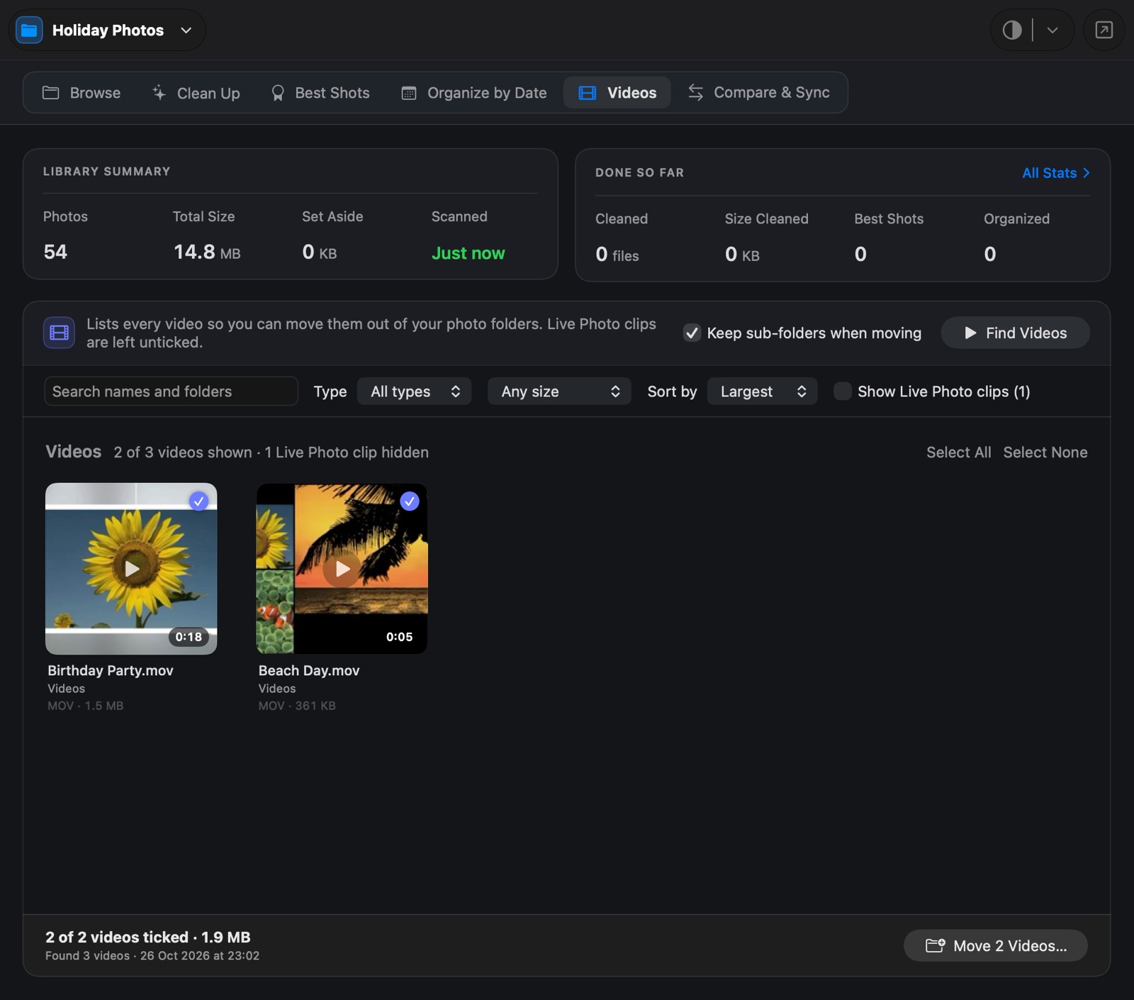 The Videos tab with video thumbnails, lengths and filters